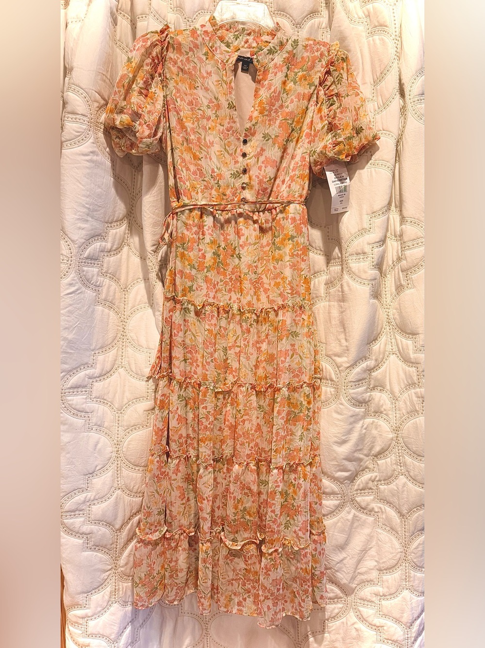 Light Peach Floral Maxi Dress with Puff Sleeves